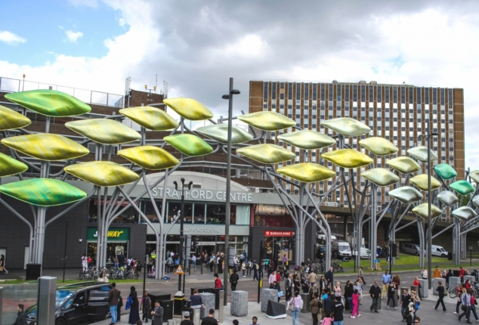 Composite material was chosen to create the giant leaf structures of the Stratford Shoal, London